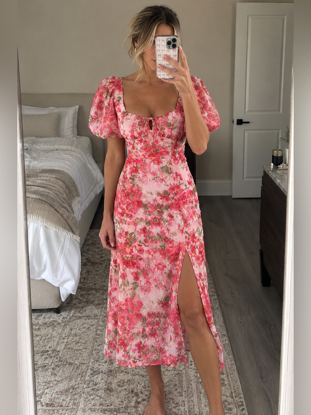 B. Darlin Pink Floral Puff Sleeve Midi Dress Cottagecore Romantic Slit